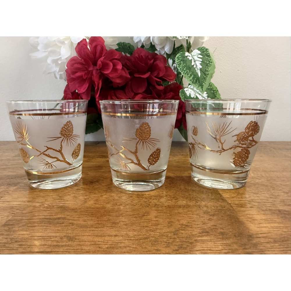 Vintage Libbey Gold Pinecone Frosted 5 oz Lowball Glasses Flared MCM Holiday Bar